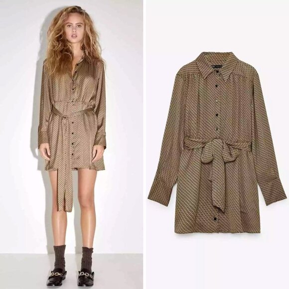 NEW Zara Shirtdress Geometric Belted Dress - Picture 1 of 7